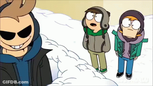 Three Cartoon Characters Standing In Snow One Smiling GIF