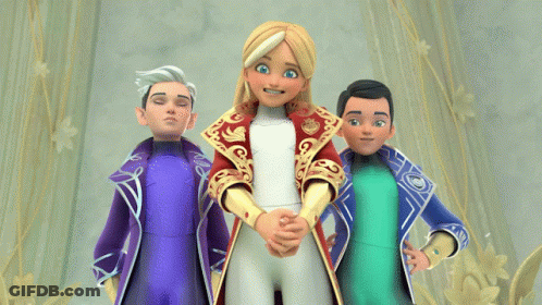 Three Cartoon Characters Standing Next To Each Other GIF