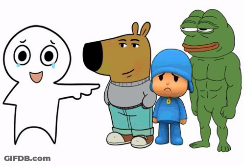 Three Cartoon Characters Standing Next To Each Other Including A Frog GIF