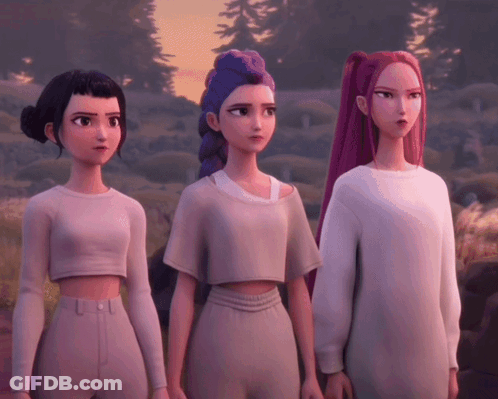 Three Cartoon Characters Standing Next To Each Other GIF