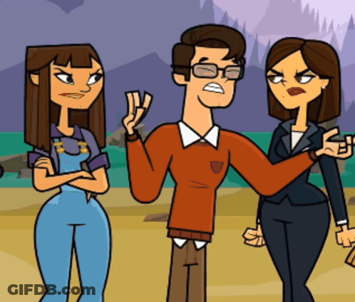 Three Cartoon Characters Standing Next To Each Other One In Orange Sweater GIF