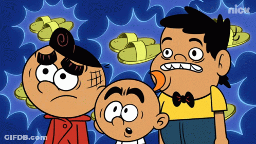 Three Cartoon Characters Standing Next To Each Other With Slippers In The Background And Nick Written On The Bottom GIF