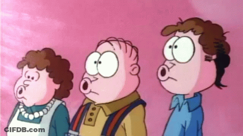 Three Cartoon Characters Standing Next To Each Other With Their Mouths Open GIF