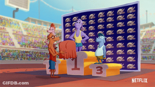 Three Cartoon Characters Standing On A Podium With The Number Three On It GIF