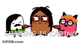 Three Cartoon Characters Standing Saying Sharing Is Caring GIF