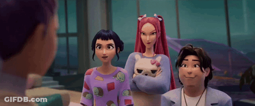 Three Cartoon Characters Standing Together GIF