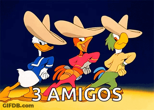 Three Cartoon Characters Wearing Sombrero Hats Are Dancing With The Words 3 Amigos Below Them GIF