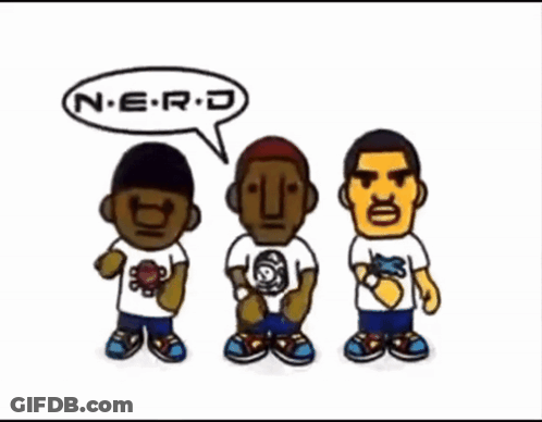 Three Cartoon Characters With A Speech Bubble That Says " Nerd " GIF