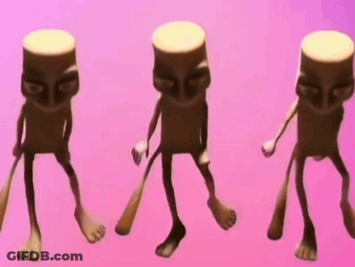 Three Cartoon Characters With Big Eyes Standing GIF