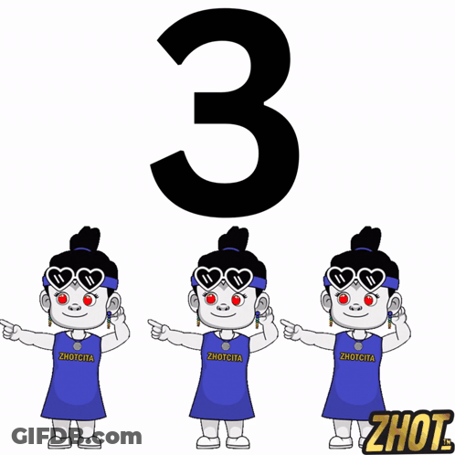 Three Cartoon Characters With Hearts On Their Eyes And The Number 3 In The Background GIF