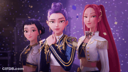 Three Cartoon Characters With Purple And Red Hair GIF