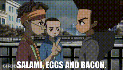 Three Cartoon Characters With Salami Eggs And Bacon GIF