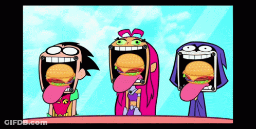 Three Cartoon Characters With Their Mouths Open And Hamburgers In Their Mouths GIF