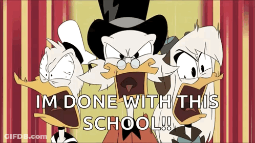 Three Cartoon Characters With Their Mouths Open And The Words " Im Done With This School " GIF