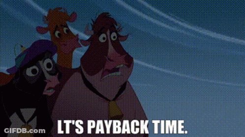 Three Cartoon Cows Saying It's Payback Time GIF