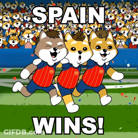 Three Cartoon Dogs Are Running On A Field With The Word Spain In The Background GIF