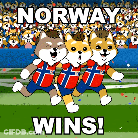 Three Cartoon Dogs Are Running On A Field With The Words Norway Wins In The Background GIF