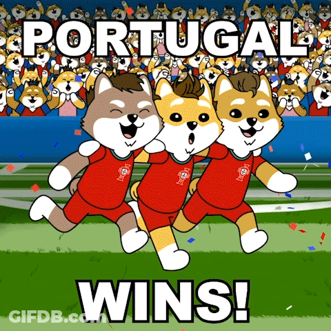 Three Cartoon Dogs Are Running On A Soccer Field With The Words Portugal Wins Behind Them GIF