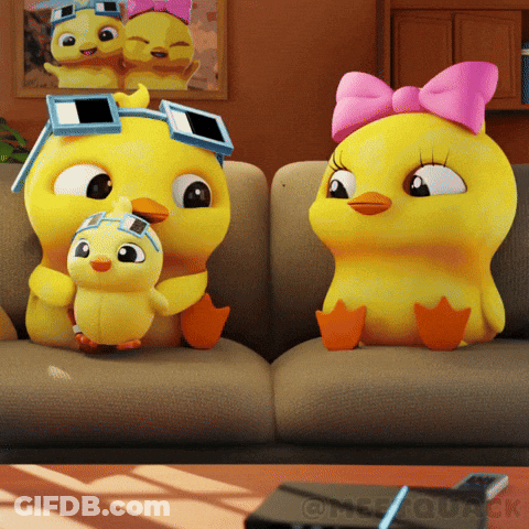 Three Cartoon Ducks Are Sitting On A Couch With One Wearing A Pink Bow GIF