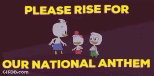 Three Cartoon Ducks Are Standing Next To Each Other With The Words Please Rise For Our National Anthem Above Them GIF