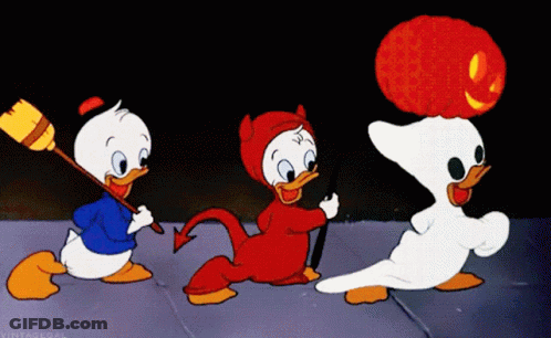 Three Cartoon Ducks In Halloween Costumes GIF