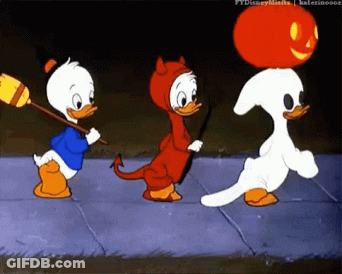 Three Cartoon Ducks In Halloween Costumes GIF