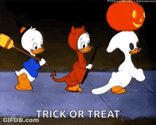 Three Cartoon Ducks In Halloween Costumes Trick Or Treat GIF