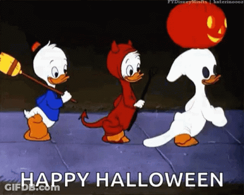 Three Cartoon Ducks In Halloween Costumes Walking GIF