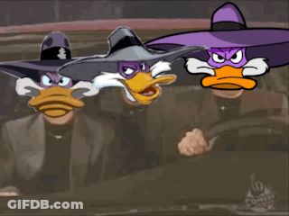 Three Cartoon Ducks In Purple Hats In Car GIF