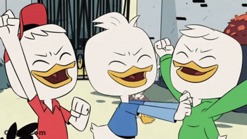 Three Cartoon Ducks Standing Together GIF