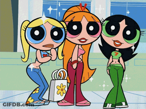 Three Cartoon Girls Are Standing Next To Each Other And One Of Them Has The Number 7 On Her Shirt GIF