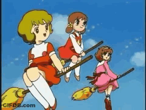 Three Cartoon Girls Flying On Brooms GIF