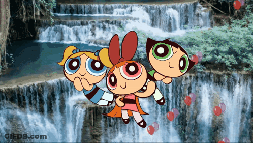 Three Cartoon Girls Flying Over Waterfall GIF