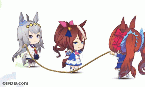 Three Cartoon Horses Are Pulling A Rope . GIF