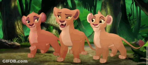 Three Cartoon Lion Cubs Standing In Jungle GIF