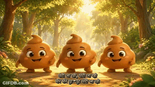 Three Cartoon Poop Characters Are Walking Down A Dirt Path In A Forest GIF
