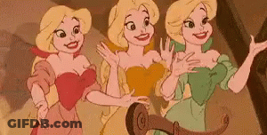 Three Cartoon Princesses Are Standing Next To Each Other In A Room . GIF