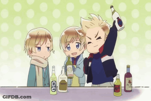 Three Cartoons At Table With Alcohol And Ice Tea GIF