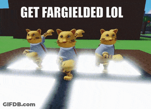 Three Cats Dancing In Front Of Get Fargelded LOL Sign GIF