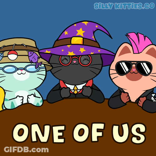 Three Cats Sitting At Table With Wizard Hat GIF