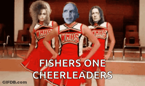 Three Cheerleaders With Fishers One Cheerleaders Written On The Front GIF