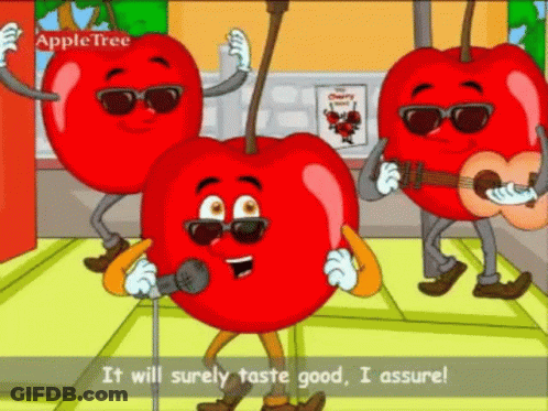 Three Cherries Singing And Playing Guitars Saying It Will Surely Taste Good GIF