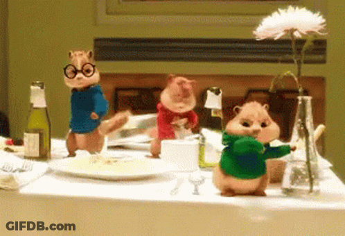Three Chipmunks With Vase Of Flowers And Wine Bottle GIF