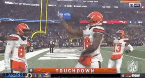Three Cleveland Browns Players Celebrating Touchdown GIF