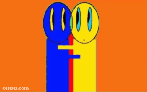 Three Colorful Cartoon Characters Are Standing Next To Each Other . GIF