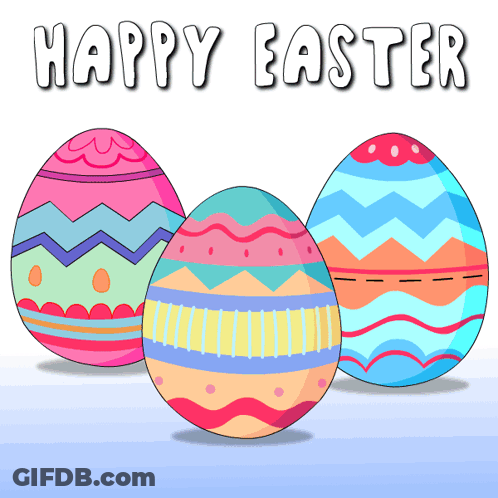 Three Colorful Easter Eggs On A White Background With The Words Happy Easter GIF