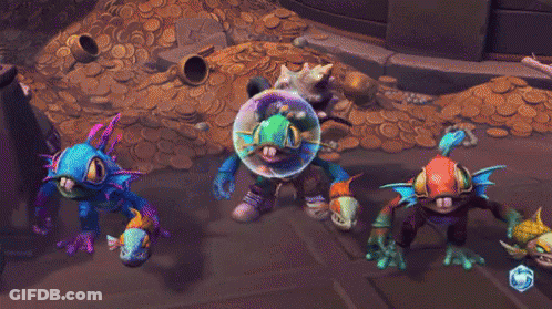 Three Colorful Frogs In Front Of Pile Of Gold Coins GIF