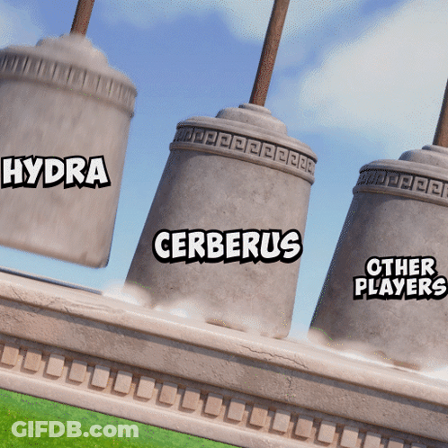 Three Concrete Cylinders With Hydra Cerberus Players GIF