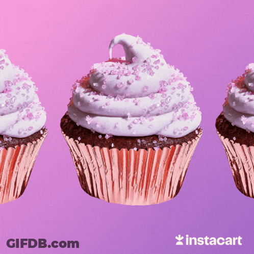 Three Cupcakes With Pink Frosting And Sprinkles On A Pink Background With Instacart In The Bottom Right Corner GIF