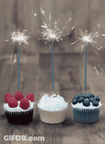 Three Cupcakes With Sparklers Lined Up GIF